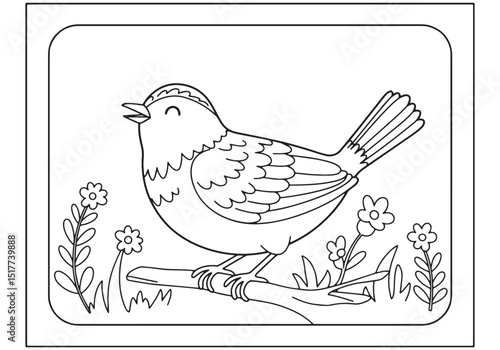 A charming lark bird resting on a branch outlined for coloring a