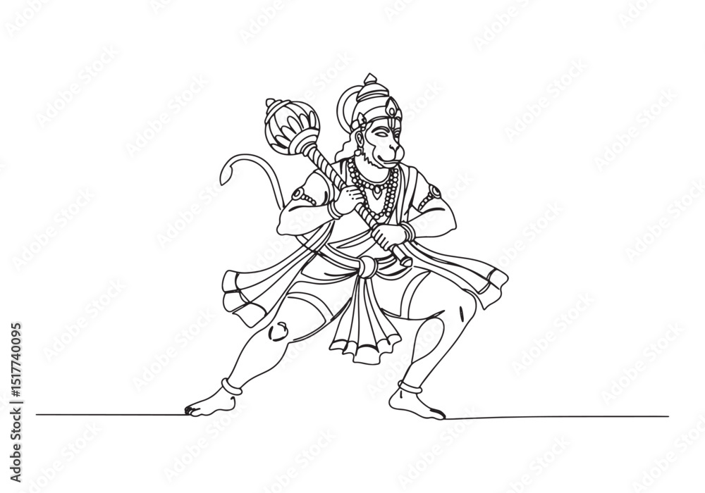Fototapeta premium Continuous Line Drawing of Hanuman, A Minimalist Black and White