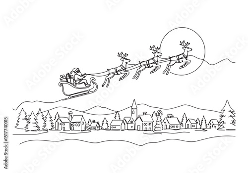 Seamless one line drawing of Santa Claus flying with reindeers o
