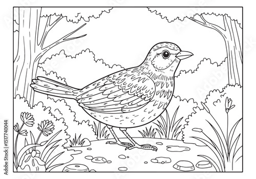 Enchanting lark in a whimsical forest, A delightful coloring boo