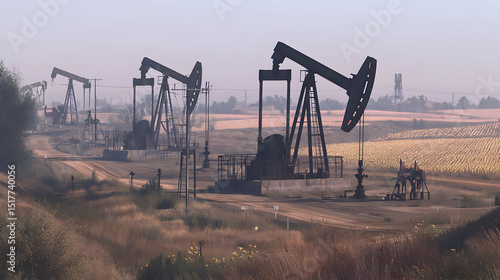 Oil Pumpjacks In A Dry Rural Landscape