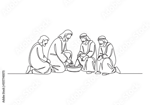 Continuous line drawing of Jesus washing the feet of his discipl