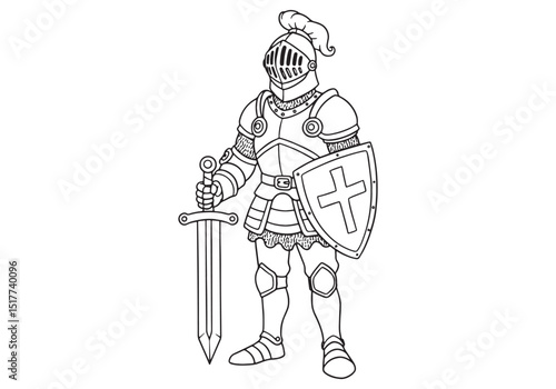 Illustration of a Medieval Knight with Sword and Shield, Colorin