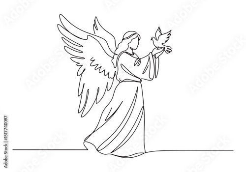 Elegant minimalist oneline drawing of an angel holding a dove, p