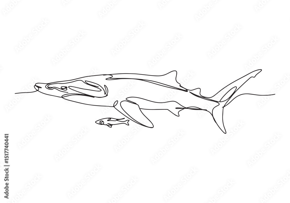 Obraz premium Monochrome Great Hammerhead Shark and Fish Illustration in Conti