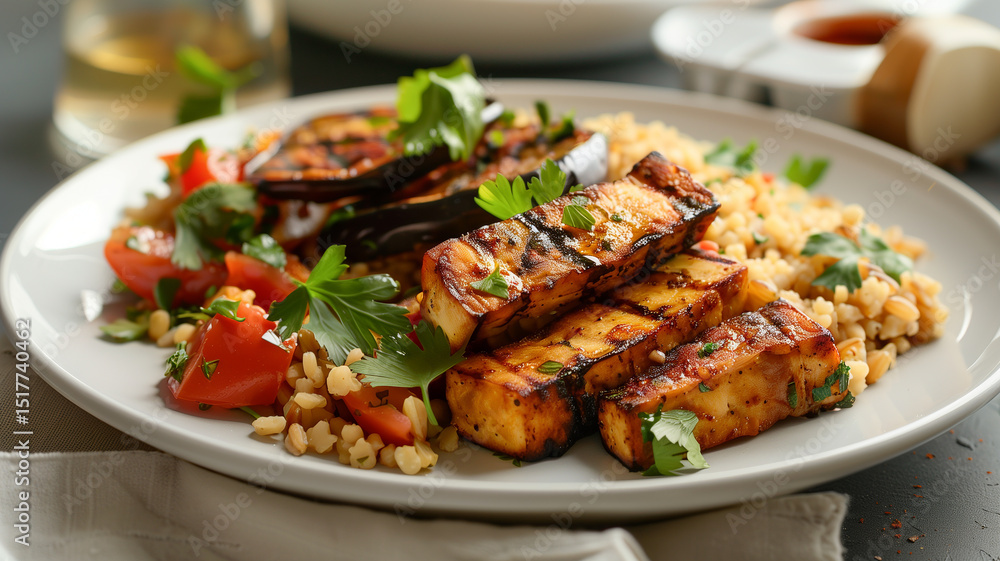 Fototapeta premium This Colorful meal with grilled protein, grains, and fresh veggies for a healthy lunch or dinner.