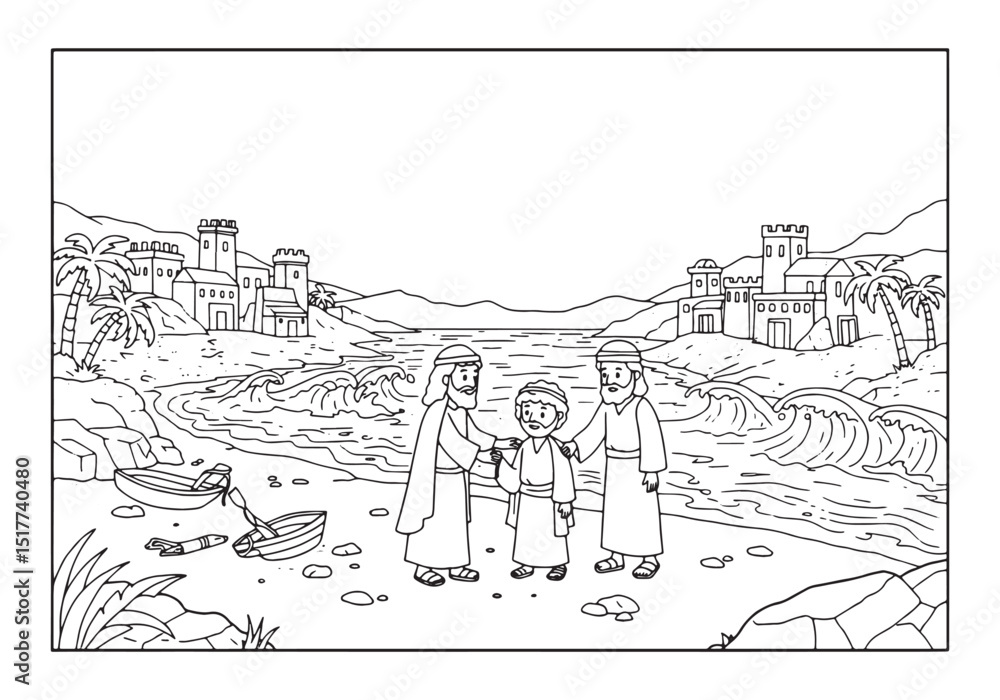Fototapeta premium Coloring page depicting the shores of Tyre with figures and buil