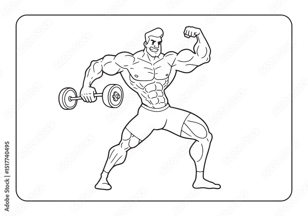 Fototapeta premium Bodybuilding male weightlifter flexing muscles coloring page ill