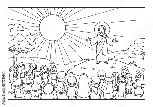 Jesus Preaching to a Crowd, A Detailed Coloring Book Page Illust