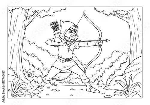 Coloring page featuring Robin Hood aiming his bow in a forest se