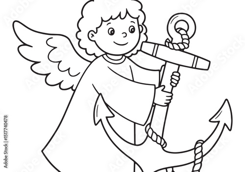 Serene angel holding an anchor in minimalist continuous line art