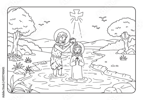 Detailed line art of Jesus being baptized by John in a river for