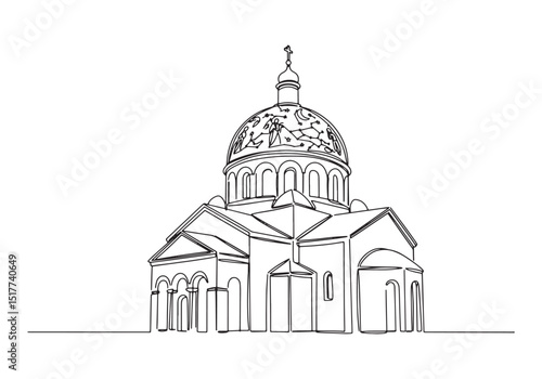 Continuous Line Drawing of an Orthodox Church with a Dome and Cr