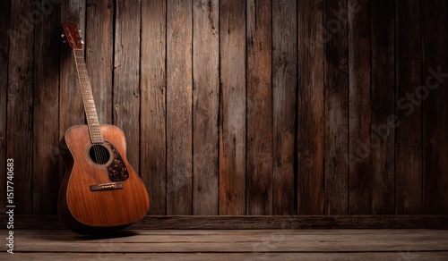 Acoustic Guitar Against Dark Brown Wooden Wall