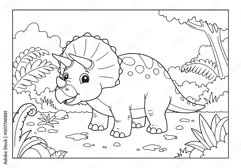 Naklejka premium Adorable Triceratops Coloring Page for Kids Black and White Outl