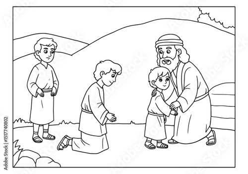 Detailed Line Art Illustration, The Prodigal Son's Return Colori