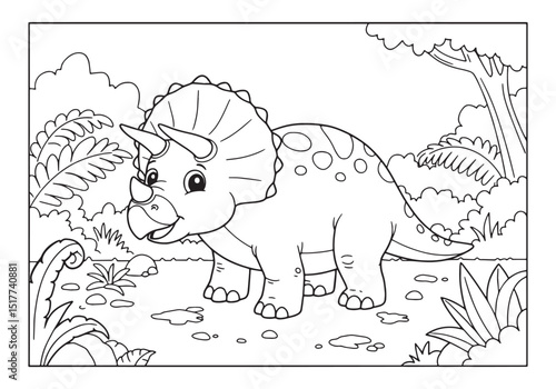 Adorable Triceratops Coloring Page for Kids Black and White Outl
