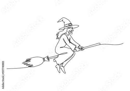 Enchanting halloween, witch flying on broom in continuous one-li