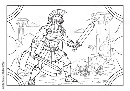 Detailed Coloring Page of Ares the God of War with Swords in Rui