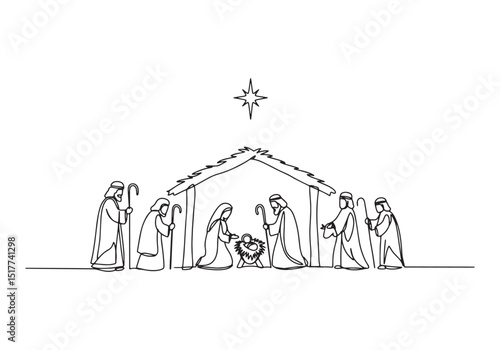 Elegant single line drawing of the Nativity scene with the Holy