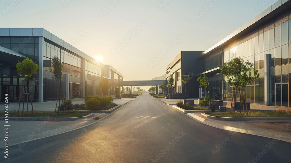 Fototapeta premium Empty road leading to a modern building with clean lines, bathed in soft afternoon light, conveying minimalist serenity. ﻿
