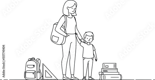 Back to School Vector Illustration of Mother and Son