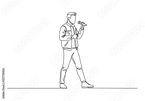 Monochrome continuous line art illustration of a singing male mu