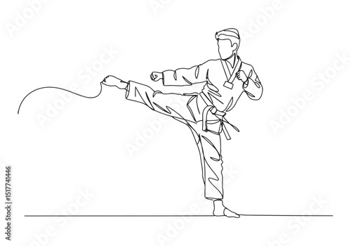 Dynamic taekwondo athlete single line drawing captures intense a