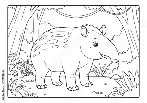 Adorable Malayan Tapir in a Coloring Book Style Forest Illustrat