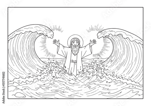 Moses parts the red sea in a coloring book style black and white