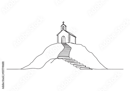 Minimalist one line drawing of a chapel on a hill with stairs le