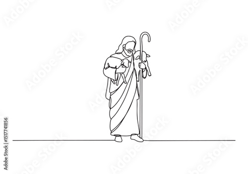 The Good Shepherd with Lambs in Continuous Line Drawing Illustra
