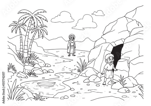 Detailed coloring page of a desert oasis with figures and nature