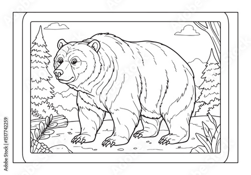Detailed grizzly bear in monochrome illustration coloring page