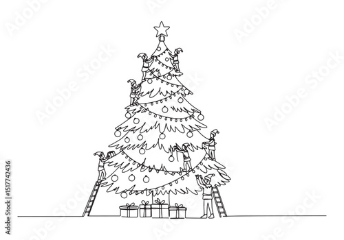 Continuous Line Drawing of Elves Decorating a Christmas Tree wit