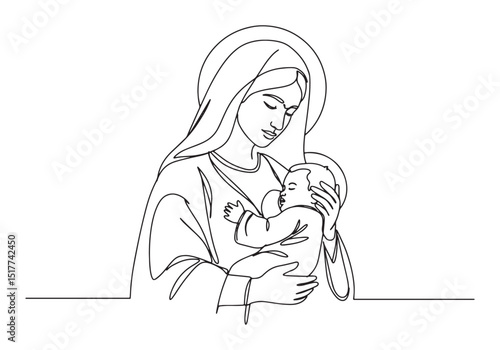 Continuous Line Drawing of Virgin Mary Holding Baby Jesus Illust