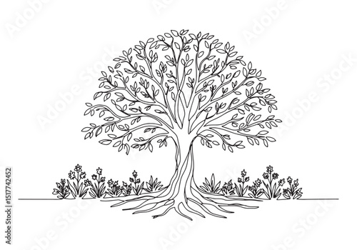 A captivating monochrome botanical line drawing of a stylized tr