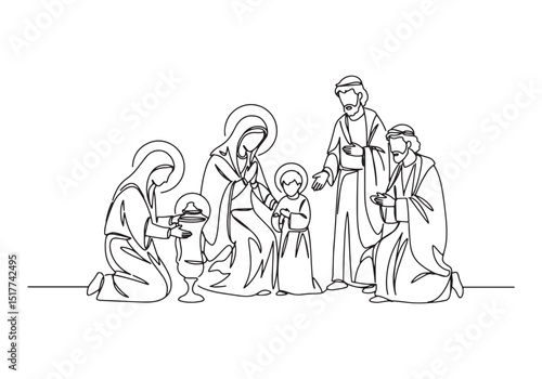 Nativity of Jesus continuous one line drawing, Christmas scene l