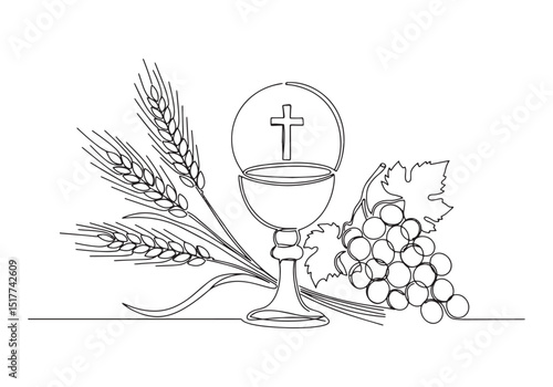 Elegant continuous line drawing of wheat and grapes, symbolic re