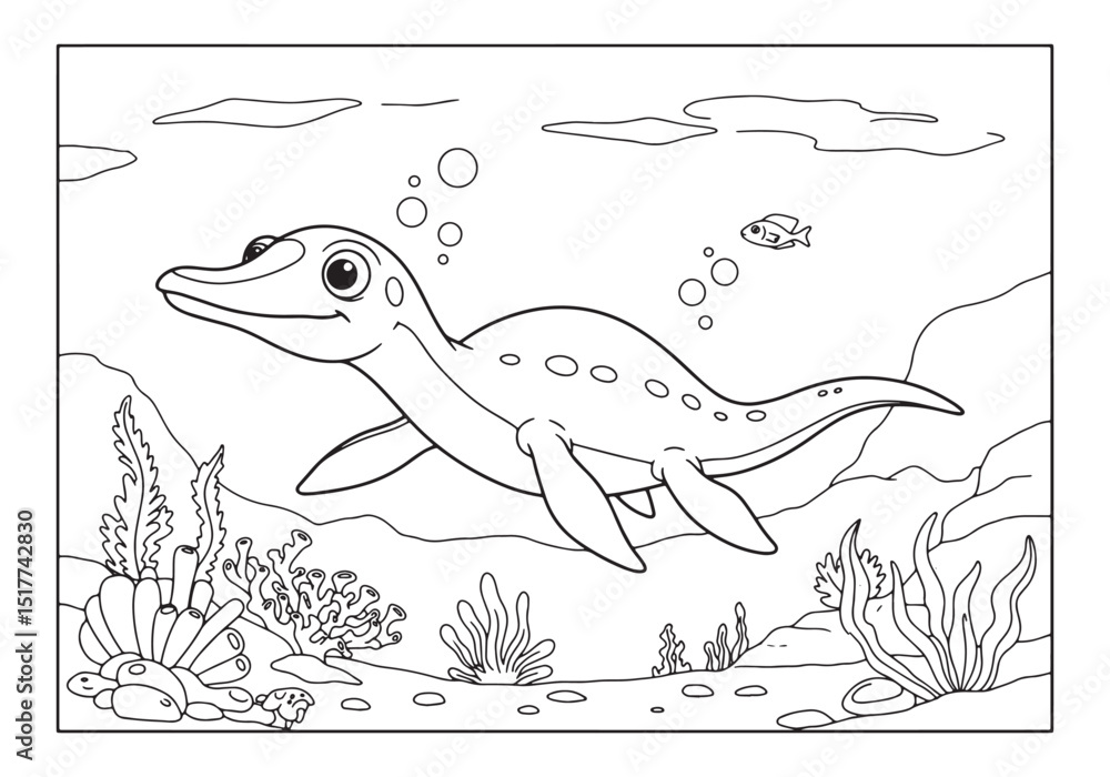 Obraz premium Ophthalmosaurus Aquatic Scene in Black and White Coloring Book S