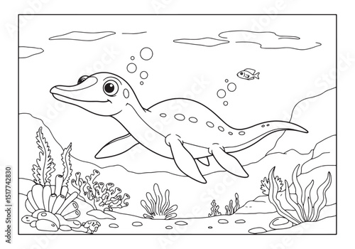 Ophthalmosaurus Aquatic Scene in Black and White Coloring Book S