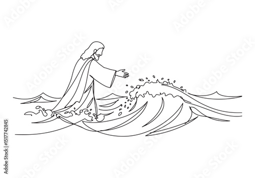 Jesus calming the storm, continuous line drawing illustration