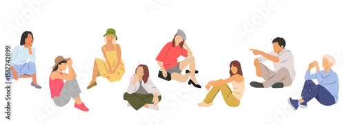 Group of men, women, boys and girls sitting, different colors, cartoon character, silhouettes of business people, students, the design concept of flat icon, isolated on white background