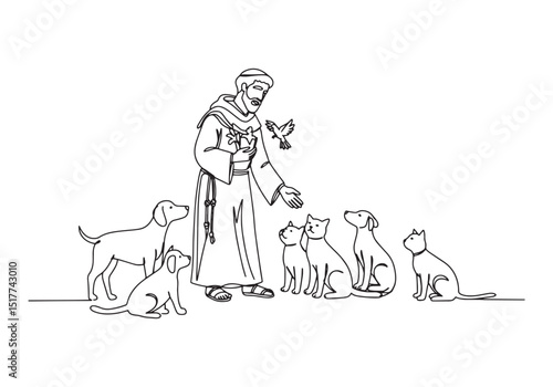 St Francis of Assisi surrounded by animals in a continuous line
