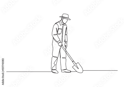 One Line Art, Male Gravedigger Working with Shovel Minimalist St