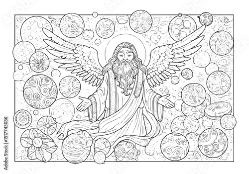 Intricate Coloring Page of Angelic Being Surrounded by Celestial