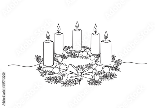 Elegant Advent Wreath with Burning Candles in Continuous Line Ar