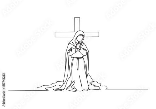 Mary at the Foot of the Cross, Continuous Line Drawing Illustrat