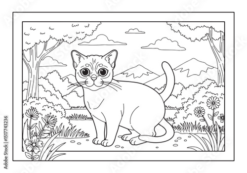 Adorable burmese cat in nature scene coloring page illustration