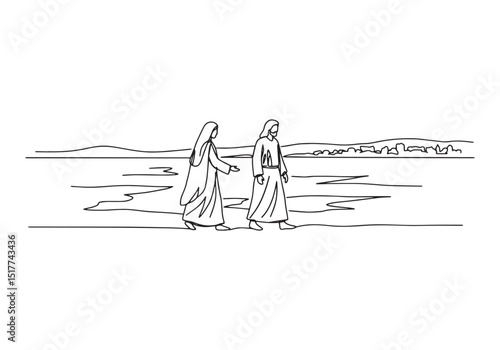 Continuous Line Art, Jesus and Mary's Journey, Simple Black and